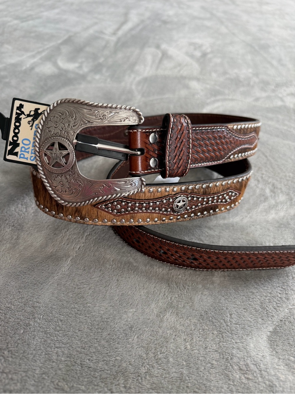 NWT Nocona Pro Series Western Belt Hair On Hide Leather Texas Star Size 46